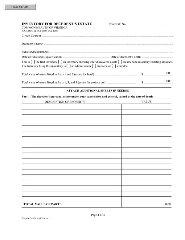 First page of Inventory for Decedent's Estate