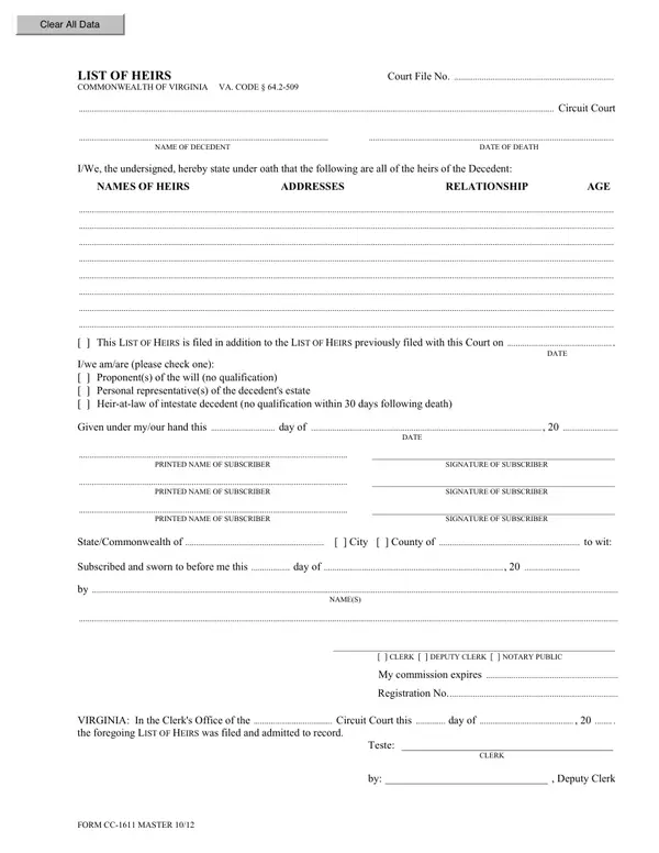 First page of List of Heirs