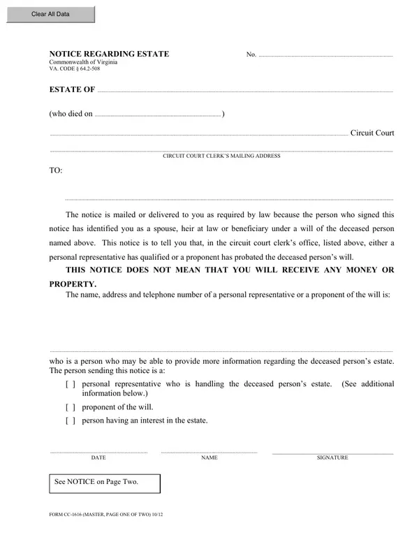 First page of Notice Regarding Estate