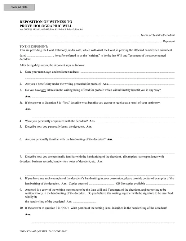 First page of Deposition of Witness to Prove Holographic Will