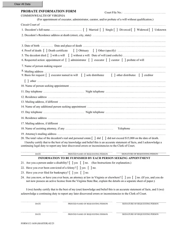First page of Probate Information Form