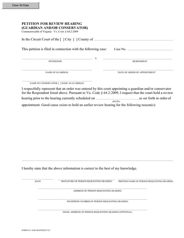 First page of Petition for Review Hearing (Guardian and/or Conservator)
