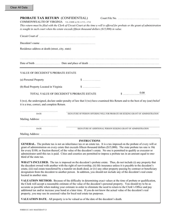 First page of Probate Tax Return (Confidential)