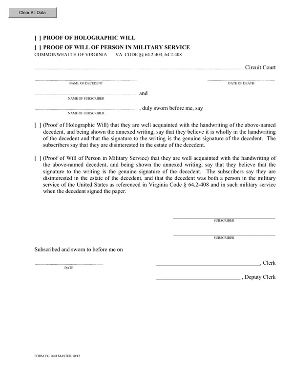 First page of Proof of Holographic Will / Proof of Will of Person in Military Service