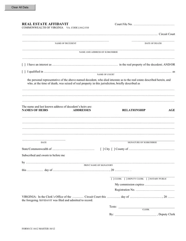 First page of Real Estate Affidavit