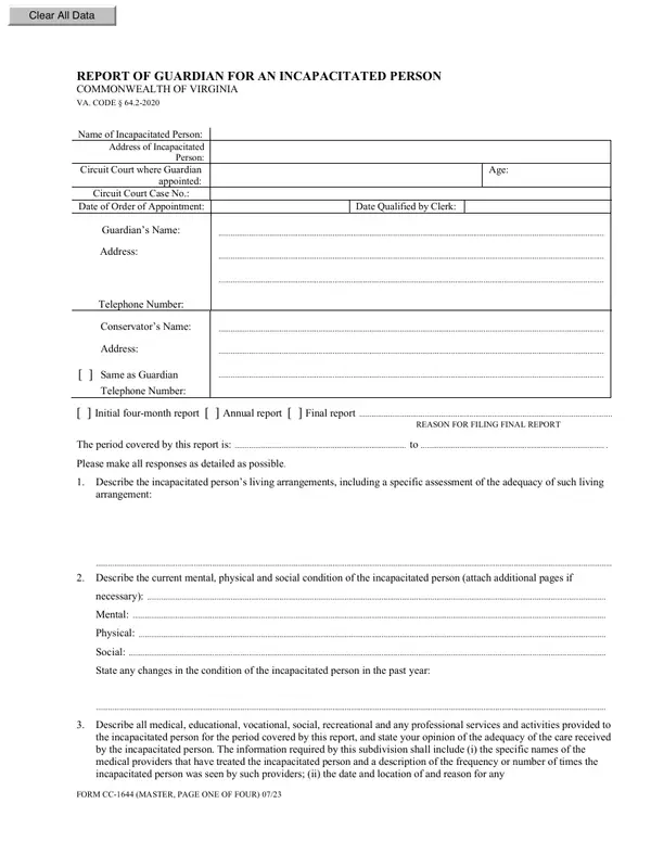 First page of Report of Guardian for an Incapacitated Person