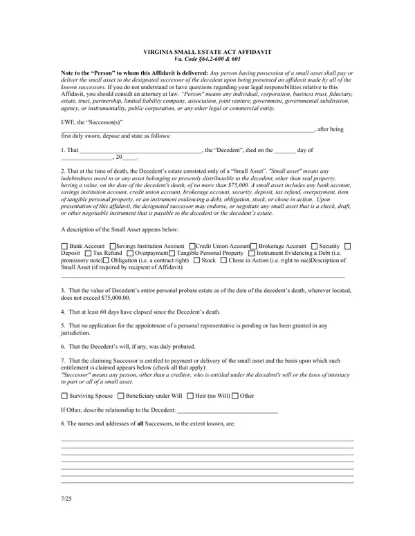 First page of Virginia Small Estate Act Affidavit