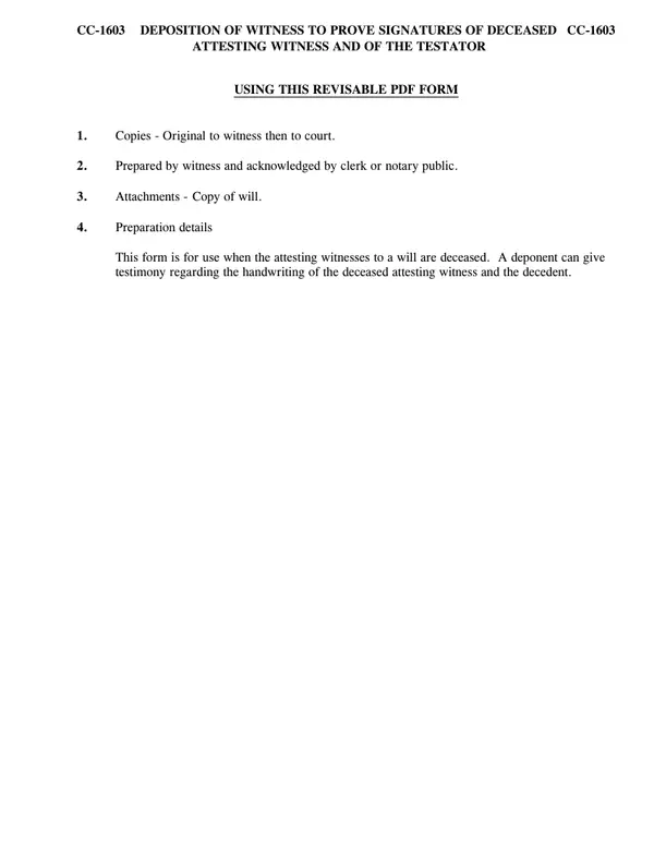 First page of Deposition of Witness to Prove Signatures of Deceased Attesting Witness and of the Testator