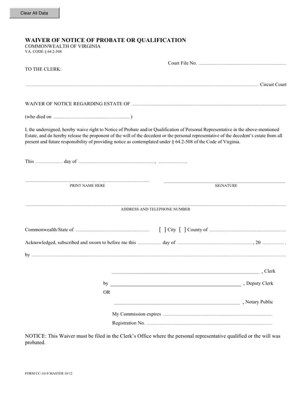 First page of Waiver of Notice of Probate or Qualification