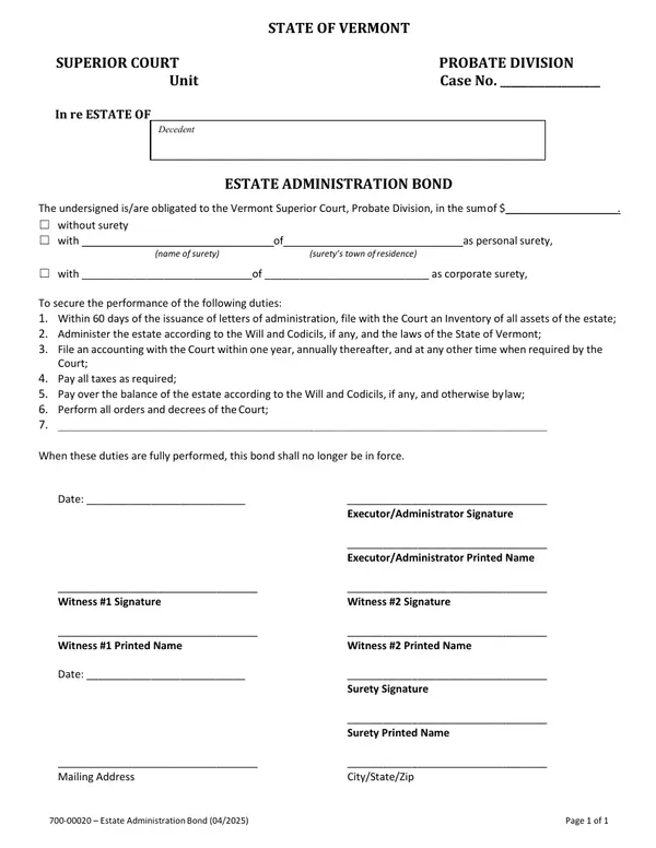 First page of Estate Administration Bond