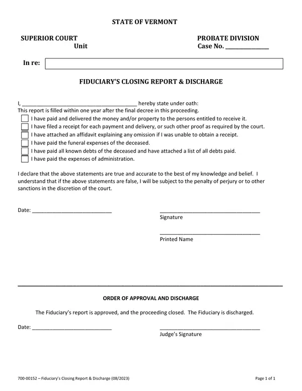 First page of Fiduciary's Closing Report & Discharge