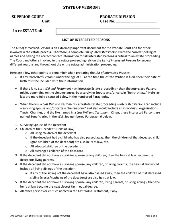 First page of List of Interested Persons - Estate