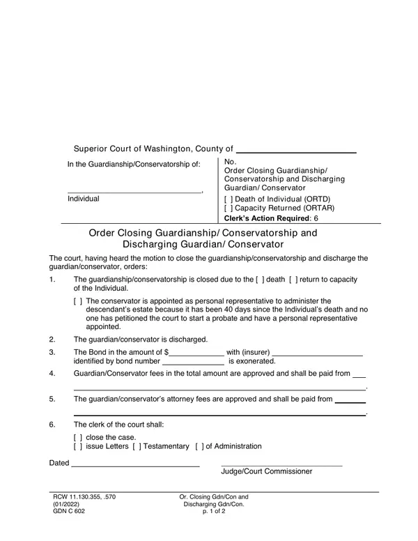 First page of Order Closing Guardianship/Conservatorship and Discharging Guardian/Conservator