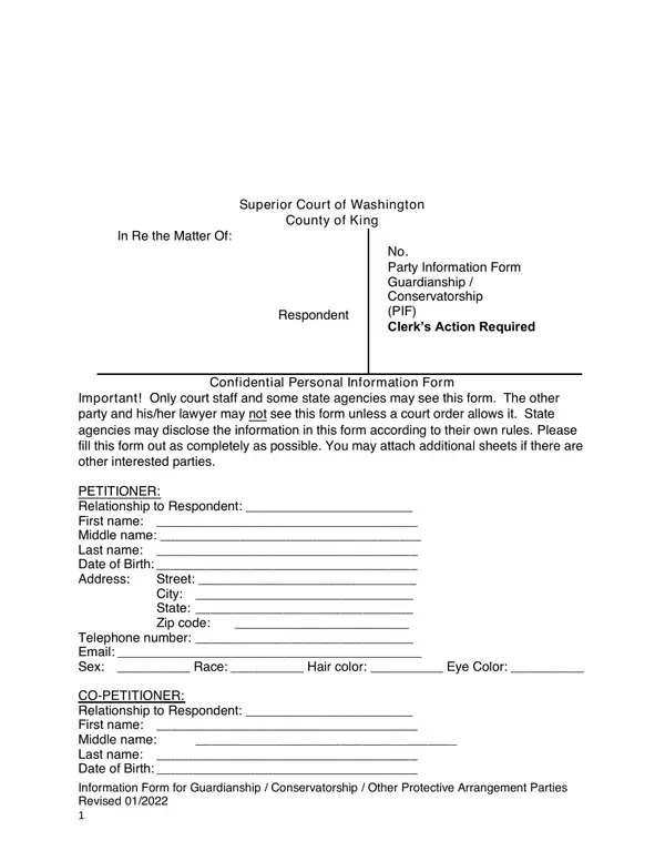 First page of Party Information Form Guardianship / Conservatorship