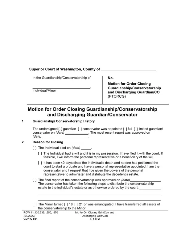First page of Motion for Order Closing Guardianship/Conservatorship and Discharging Guardian/Conservator