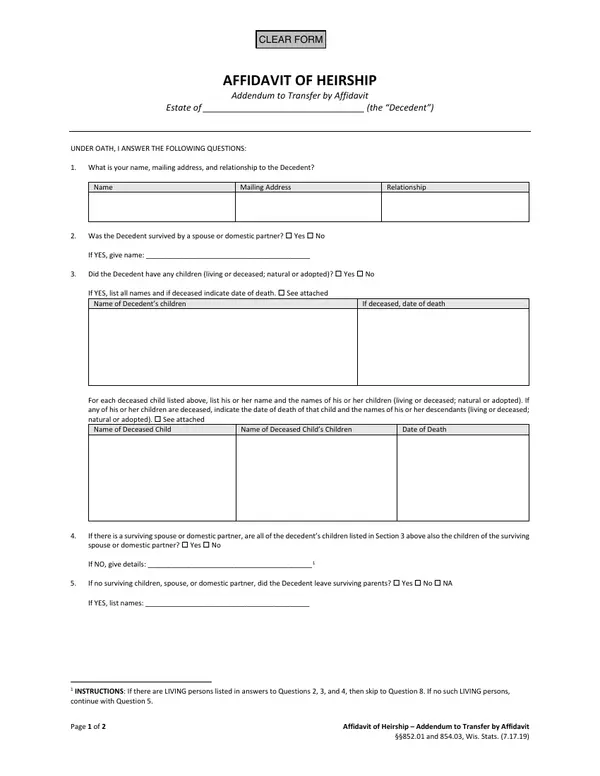 First page of Affidavit of Heirship – Addendum to Transfer by Affidavit