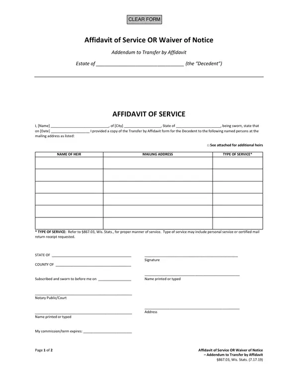 First page of Affidavit of Service OR Waiver of Notice – Addendum to Transfer by Affidavit