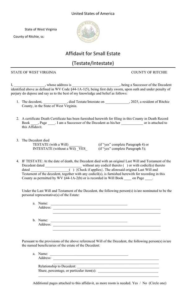 First page of Affidavit for Small Estate (Testate/Intestate)