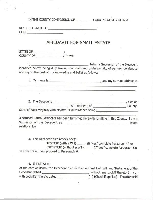 First page of Affidavit for Small Estate