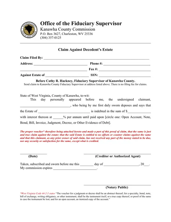 First page of Claim Against Decedent's Estate